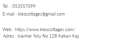 Kleo Cottages telefon numaralar, faks, e-mail, posta adresi ve iletiim bilgileri